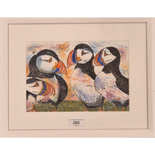 285 - Original water colour titled 'The Gossips Puffins' signed by artist- Illegible [30x38cm]