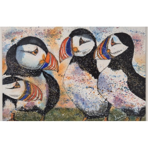 285 - Original water colour titled 'The Gossips Puffins' signed by artist- Illegible [30x38cm]