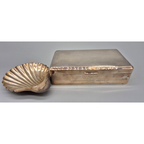 36 - Birmingham silver cigarette box produced by Adie Brothers together with an E.P shell dish. [Box- 4x1... 