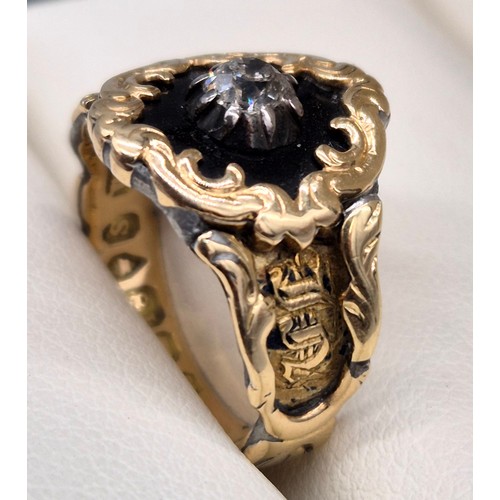 42 - Georgian London/ Sheffield 18ct yellow gold mourning ring. Fitted with a round cut diamond. [4.84gra... 