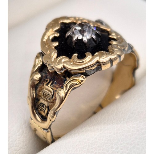 42 - Georgian London/ Sheffield 18ct yellow gold mourning ring. Fitted with a round cut diamond. [4.84gra... 