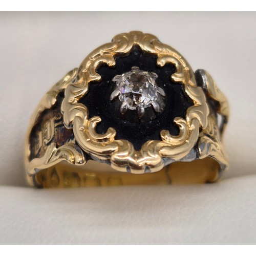 42 - Georgian London/ Sheffield 18ct yellow gold mourning ring. Fitted with a round cut diamond. [4.84gra... 