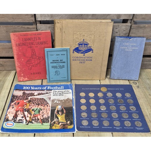 412 - A selection of antique books & 100 year of football Esso complete FA medal set; engineering drawing ... 