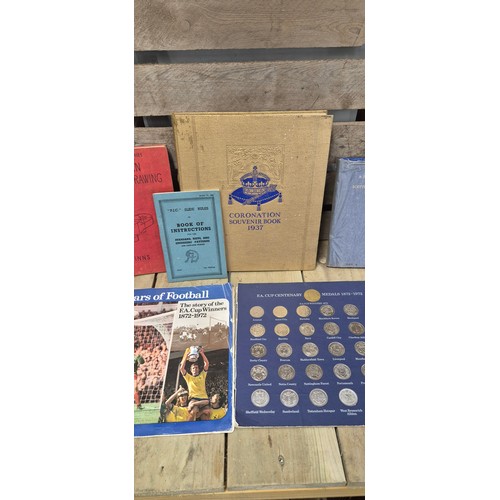 412 - A selection of antique books & 100 year of football Esso complete FA medal set; engineering drawing ... 