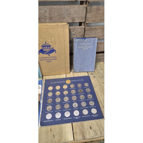 412 - A selection of antique books & 100 year of football Esso complete FA medal set; engineering drawing ... 