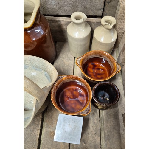 292 - A crate of studio pottery; studio pottery tureen & stone ware jugs