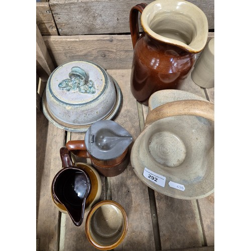 292 - A crate of studio pottery; studio pottery tureen & stone ware jugs