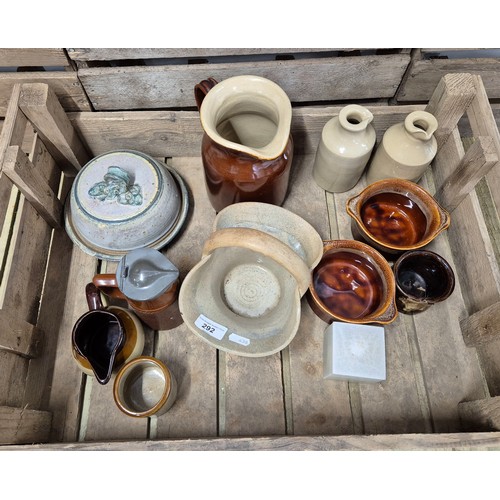 292 - A crate of studio pottery; studio pottery tureen & stone ware jugs