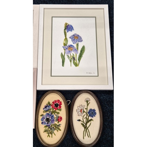 405 - A Selection of art works & tapestry flower works; watercolour flower scene signed R clement & M Elli... 