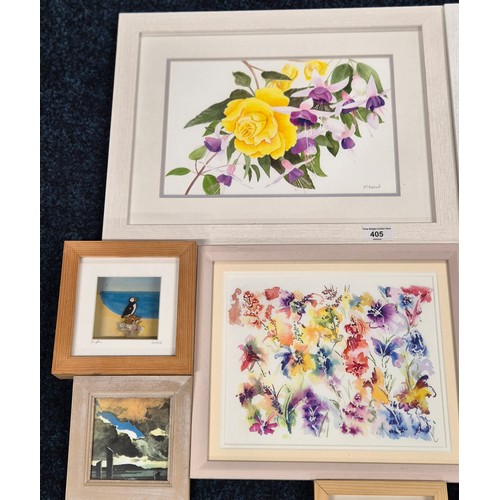 405 - A Selection of art works & tapestry flower works; watercolour flower scene signed R clement & M Elli... 