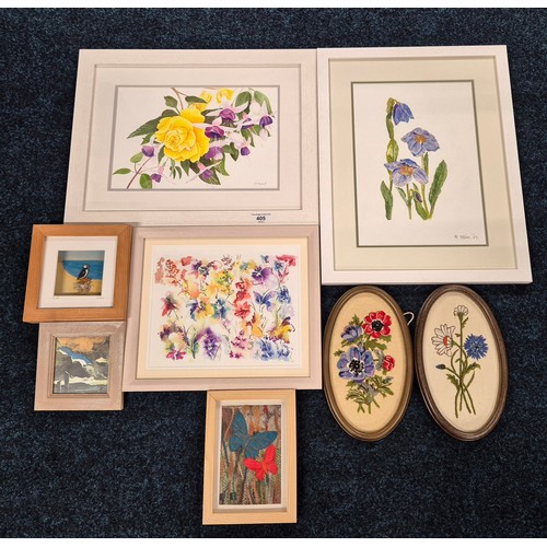 405 - A Selection of art works & tapestry flower works; watercolour flower scene signed R clement & M Elli... 