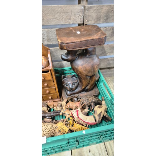 291 - A crate of wooden carved animal figures, wooden small jewellery chest & Cat pedestal plant stand