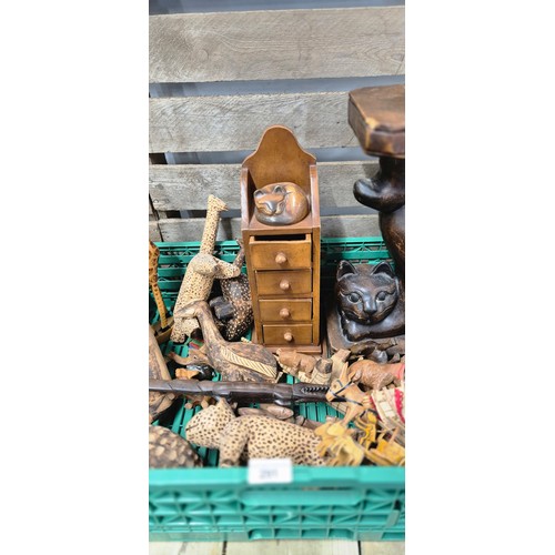 291 - A crate of wooden carved animal figures, wooden small jewellery chest & Cat pedestal plant stand