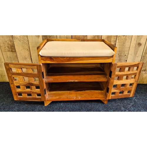 279 - Contemporary heavy Mexican pine two door cabinet stool 55x60x35.