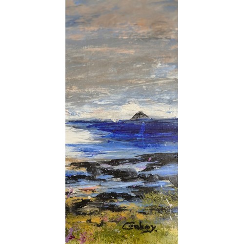 404 - Oil painting titled 'The shore Kildonan isle of Arran' signed Kathleen Cowboy [20x20cm]