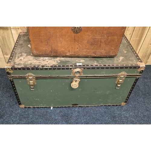 299 - Vintage large travel trunk together with vintage metal trunk