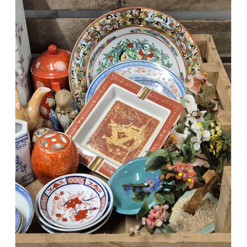 296 - A tray of oriental wares; Large temple jar with lid, Satsuma incense burner, vases, two green jade b... 