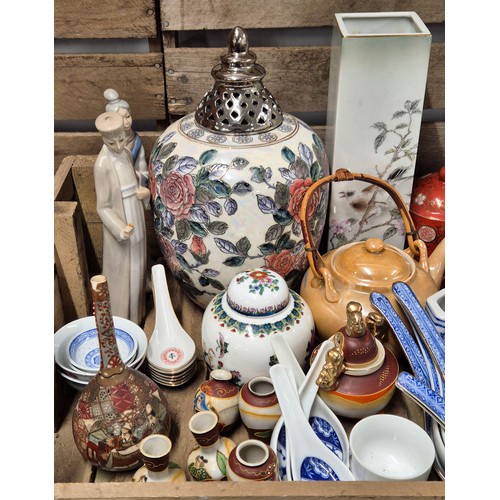 296 - A tray of oriental wares; Large temple jar with lid, Satsuma incense burner, vases, two green jade b... 