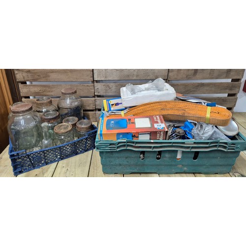 494 - A crate of tools, camping gas stoves; together with a crate of advertising glass jars