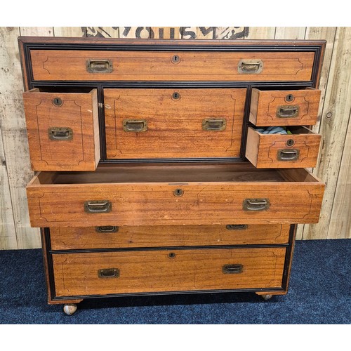 242 - 19th century military campaign chest of drawers, fitted with a Secretaire compartment. Splits in two... 