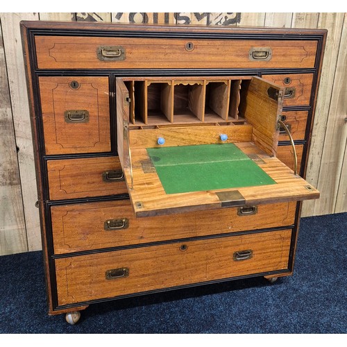 242 - 19th century military campaign chest of drawers, fitted with a Secretaire compartment. Splits in two... 