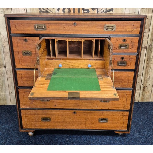 242 - 19th century military campaign chest of drawers, fitted with a Secretaire compartment. Splits in two... 