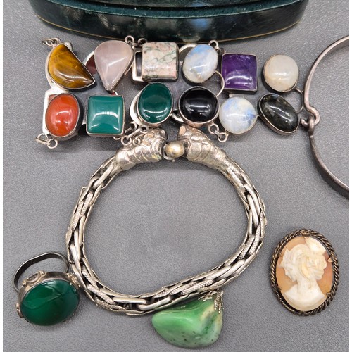 48 - A Selection of silver jewellery and costume; Silver and multi gem stone bracelet, Silver Chinese dra... 