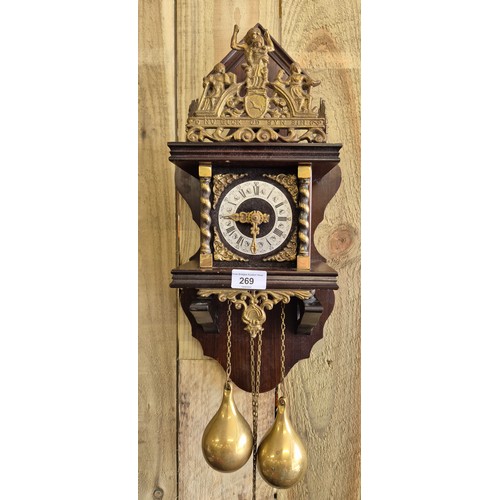 269 - Antique Dutch wall clock with brass weights, no pendulum.