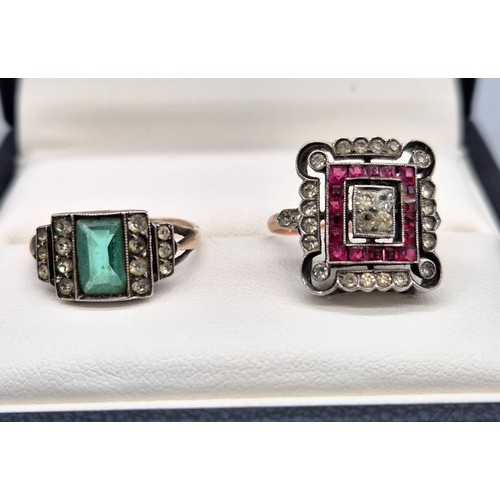 46 - Two Art deco 9ct gold and glass rings. 9ct Shank rose gold ring set with white and pink glass stones... 