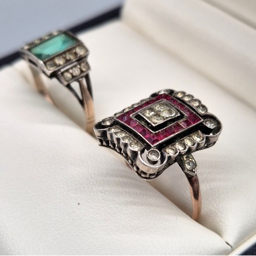 46 - Two Art deco 9ct gold and glass rings. 9ct Shank rose gold ring set with white and pink glass stones... 