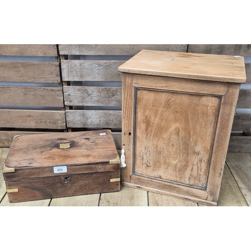 493 - Small antique pine cupboard together with brass bound document box