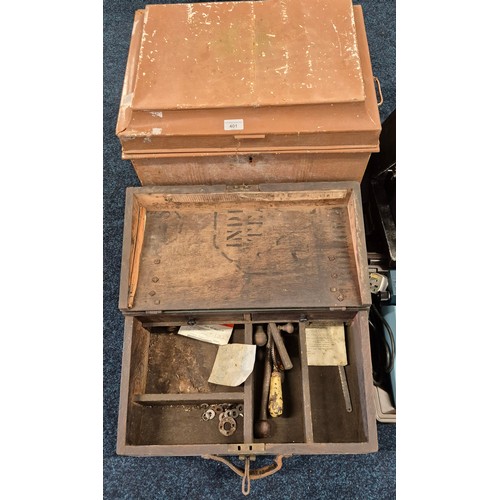 401 - Victorian deed box together with antique wooden tool box & contents together with 2 vintage type wri... 