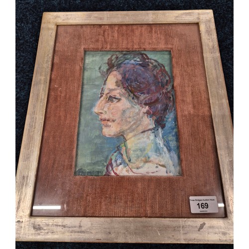 169 - Original oil painting on a canvas board depicting side portrait. Signed- illegible,  Fitted within a... 