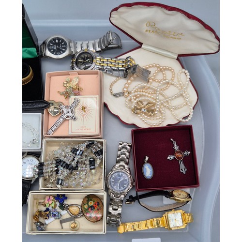 96 - Tray of various costume jewellery and watches; Silver and amber cross pendant, Silver and Wedgwood p... 