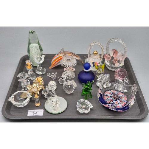 94 - Tray of art glass and crystal items; Swarovski animals and sculptures, Strathearn dish and many othe... 