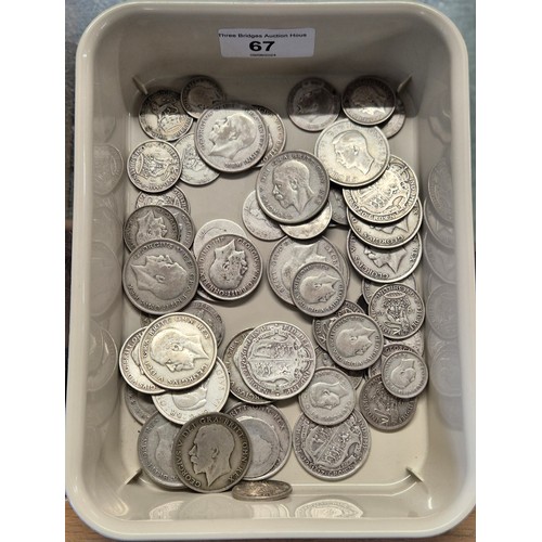 67 - Tub of mixed silver coinage; George V Half crowns, One Shillings, 1919 half crown, mostly George V C... 