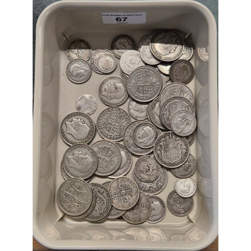 67 - Tub of mixed silver coinage; George V Half crowns, One Shillings, 1919 half crown, mostly George V C... 