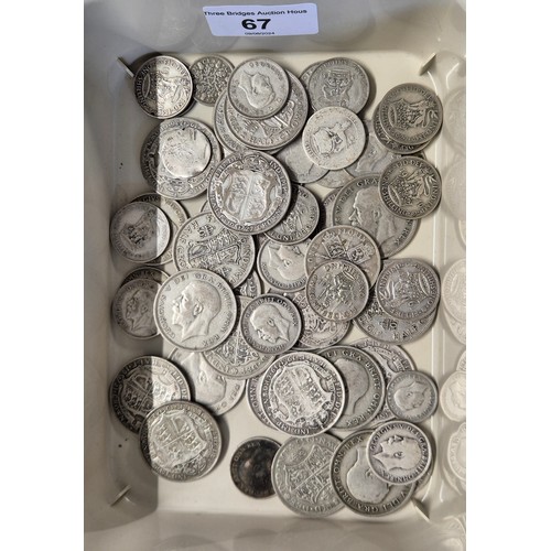 67 - Tub of mixed silver coinage; George V Half crowns, One Shillings, 1919 half crown, mostly George V C... 