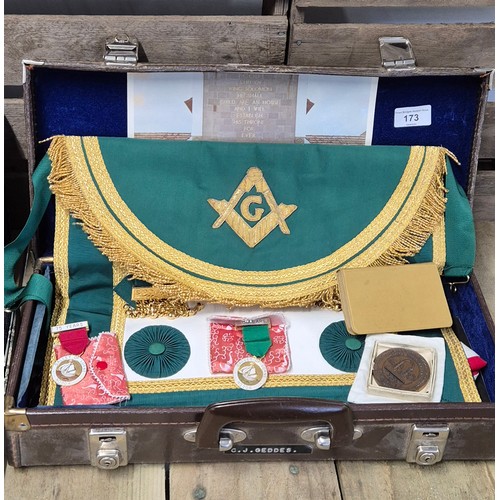 173 - Cased Masonic apron, medallions, Bronze medallion, various masonic books and a selection of six vari... 