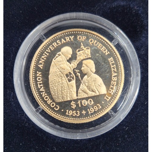 54 - Westminster mint- Tuvalu 14ct gold 100 dollar coin with certificate and box. [7.76grams]