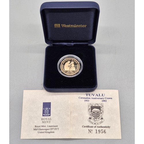 54 - Westminster mint- Tuvalu 14ct gold 100 dollar coin with certificate and box. [7.76grams]