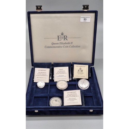 53 - Coin box containing four silver proof royalty commemorative coins. All with small certificate cards.