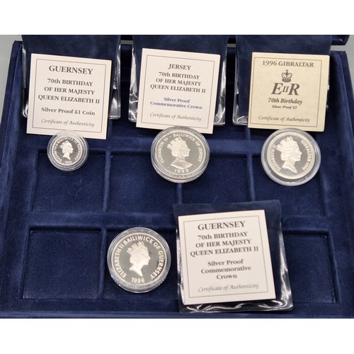 53 - Coin box containing four silver proof royalty commemorative coins. All with small certificate cards.