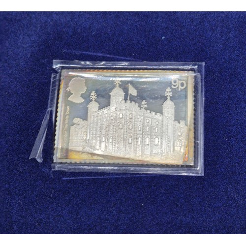 62 - Three Boxed Solid Sterling silver stamp replicas; The Tower of London- Danbury Mint, Danbury Mint- T... 