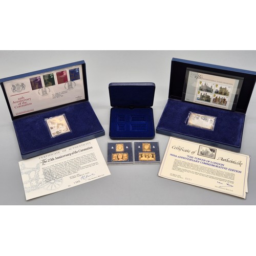 62 - Three Boxed Solid Sterling silver stamp replicas; The Tower of London- Danbury Mint, Danbury Mint- T... 