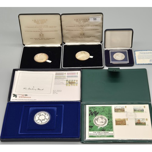 58 - A Collection of silver proof coins; Birmingham mint- 200th Derby Medallic first day cover, The Danbu... 