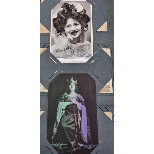 75 - Antique Post Card album full of mixed antique film and theatre actors and actress postcards. Some si... 