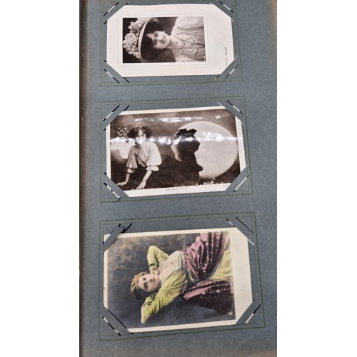 75 - Antique Post Card album full of mixed antique film and theatre actors and actress postcards. Some si... 