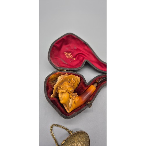 45 - Antique French Chatelaine egg thimble holder, thimble and Meerschaum pipe- carved women bust- comes ... 