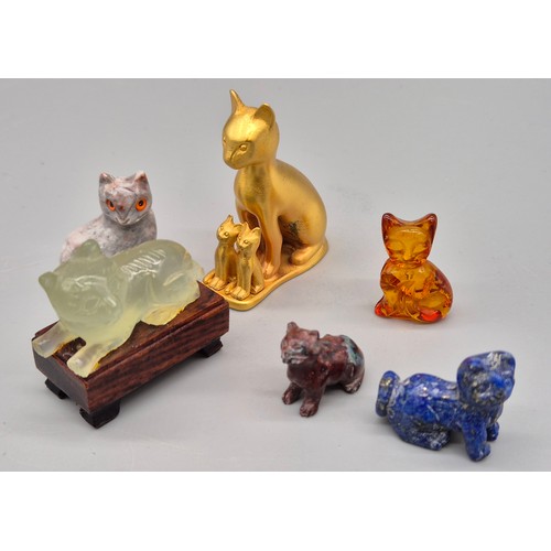 34 - A Collection of Miniature cat sculptures; Amber cat, Lapis Lazuli cat, Raw Opal carved cat, Jade car... 